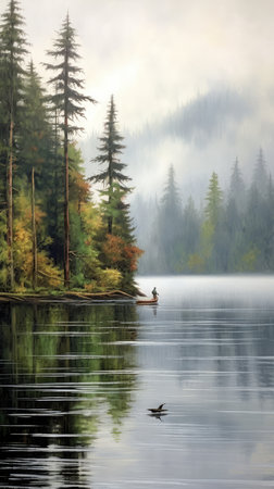 Beautiful autumn landscape with foggy forest and lake in the mountainsの素材