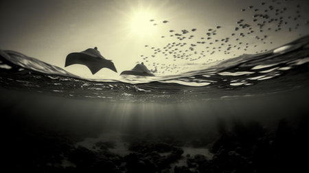 Underwater shot of two stingrays swimming in the ocean at sunsetの素材