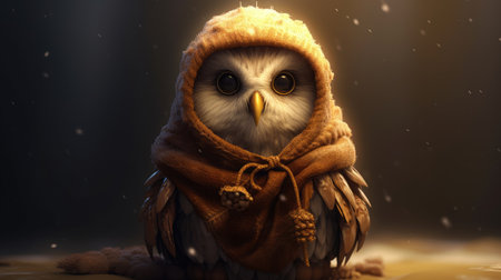Winter owl with a scarf on a dark background,の素材