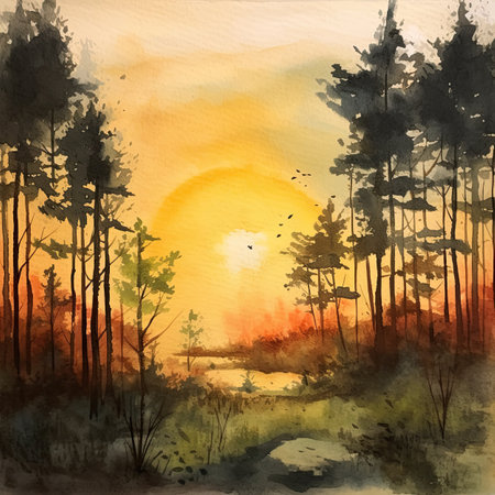 Watercolor sunset in pine forest.の素材