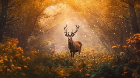 Deer in foggy forest. Nature backgroundの素材
