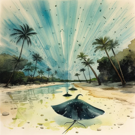 Watercolor Tropical beach with palm trees and stingray.の素材