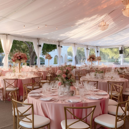 Wedding table set with pink tablecloth and chairs in the restaurantの素材
