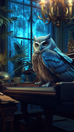 Owl sitting on piano and listening to music.の素材