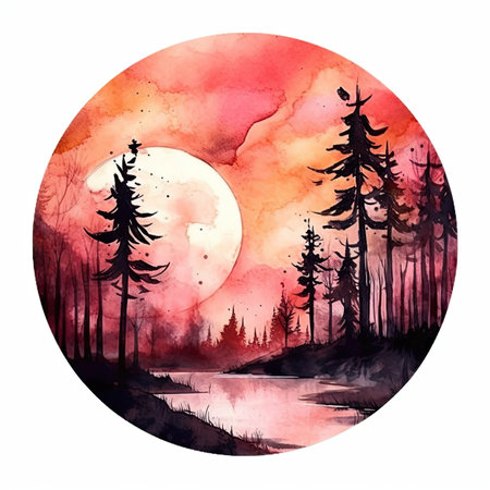 Watercolor landscape with pine trees, lake and moon.の素材