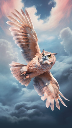 Flying owl with wings spread in the sky.の素材