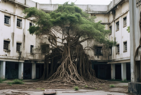 Banyan tree in front of a buildingの素材