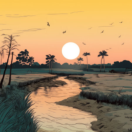 Illustration of a rural landscape with palm trees and a river at sunsetの素材