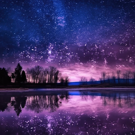Milky Way over the lake with trees and reflection in water.の素材