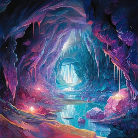 a cave in the mountains. The cave is illuminated by the sun.の素材