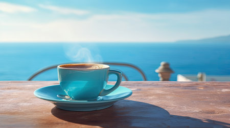Coffee cup on the terrace with sea view background.の素材