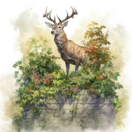 Watercolor wild deer with large antlers standing on a hillside in autumn.の素材