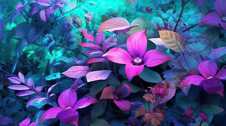 purple flowers with green leaves background in digital art styleの素材