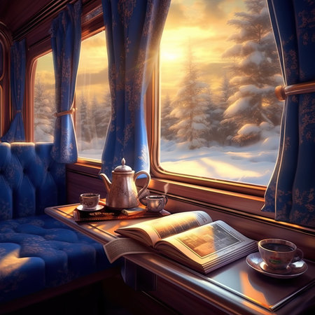 Interior of a train with a cup of coffee and a bookの素材