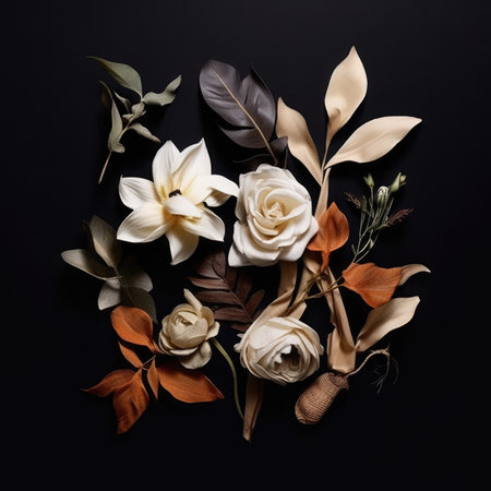 Flower composition on black background. Flat lay, top view.の素材
