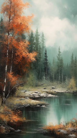 Autumn landscape with a mountain river, trees and fog.の素材