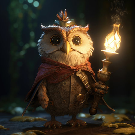 Owl with a burning candle in his hand on a dark backgroundの素材