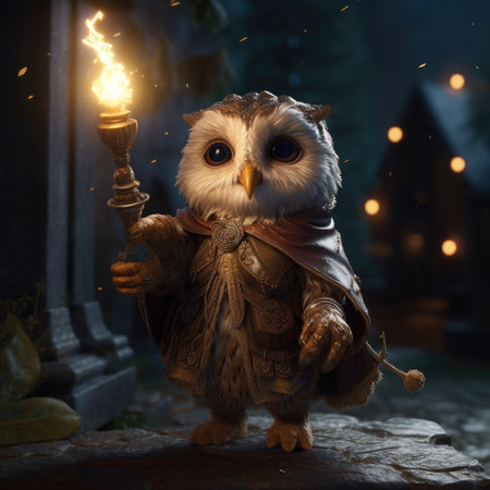 Owl with a torch in his hand on a dark background.の素材