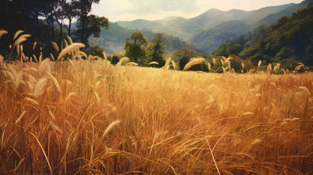 Meadow of wheat with mountains in the backgroundの素材