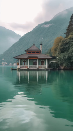 beautiful lake and houseの素材