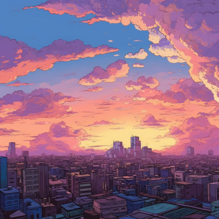 Cityscape with skyscrapers and buildings at sunset.の素材