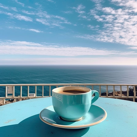 Coffee cup on the terrace overlooking the sea and skyの素材
