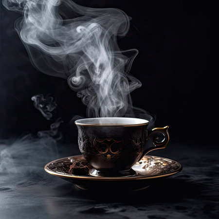 Cup of coffee with steam on black background.の素材