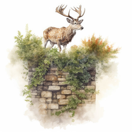 Watercolor deer on a stone wall with ivy.の素材