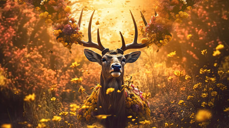 Deer in the autumn forest on a background of wildflowersの素材