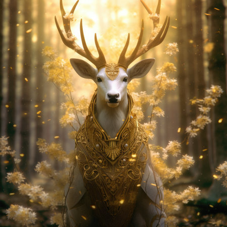 White deer in a golden forest with snowflakes.の素材