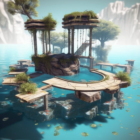 Fantasy landscape with a pond and a wooden bridge.の素材