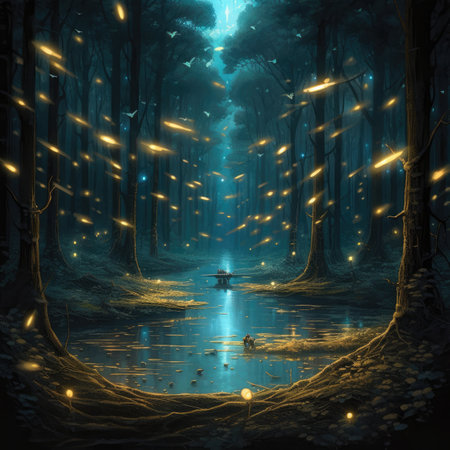 Fantasy forest with fog and light in the night.の素材