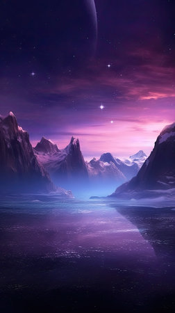 Fantasy alien planet. Mountain and lake.の素材