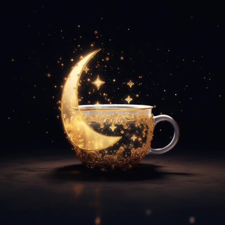 Golden cup of coffee with golden crescent moon. Ramadan Kareem conceptの素材
