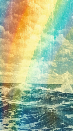 Rainbow over stormy sea with waves and splashes.の素材