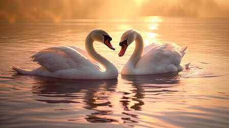 Two white swans swimming in the lake at sunrise. Romantic couple of swans.の素材
