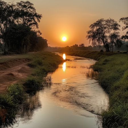 Sunset over a small river in the countrysideの素材