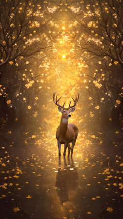 Deer in the forest with fog and falling leaves.の素材