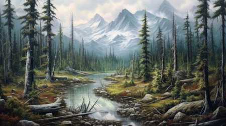 a river flowing through a forest with mountains in the backgroundの素材
