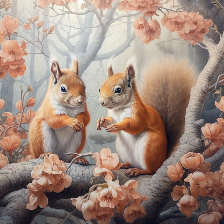 Two cute squirrels on a tree branch with flowers. Vintage style.の素材