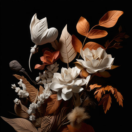 autumn bouquet of white and orange leaves on a black backgroundの素材