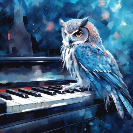 an owl sitting on the keys of a piano.の素材