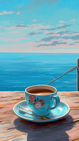 Cup of coffee on the terrace with sea viewの素材
