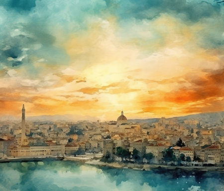 Watercolor Cityscape at sunsetの素材