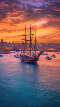 Sailing ship in the port at sunsetの素材