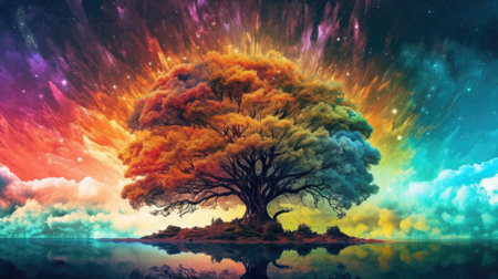 Big tree in the water and colorful clouds.の素材