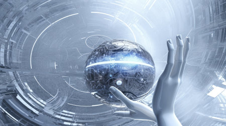 white mannequin hand touching virtual globe against abstract backgroundの素材