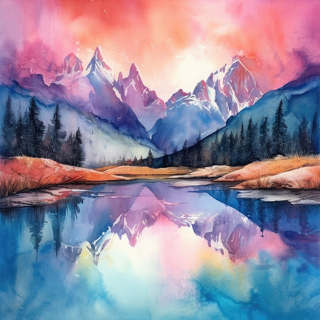 Watercolor Mountain landscape with lake and forest.の素材