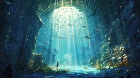 Underwater world with fishes and cave.の素材