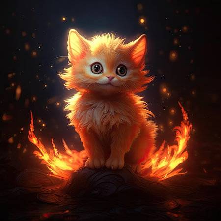 Cute kitten sitting on a rock in the fire.の素材